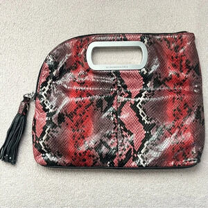BCBGMaxAzria Clutch-Purse-Red-Black-Snake-Zipper-Tassel-Handbag-Foldable-Clean